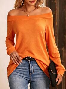SHEIN LUNE Women's Solid Color Off-Shoulder Long Sleeve Casual T-Shirt - Orange - View 3