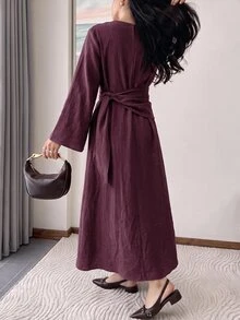 Solavon Women's Solid Color Round Neck Flared Sleeve Ruched Waist Elegant Modest Long Dress Everyday Bday Burgundy Autumn - Burgundy - View 9
