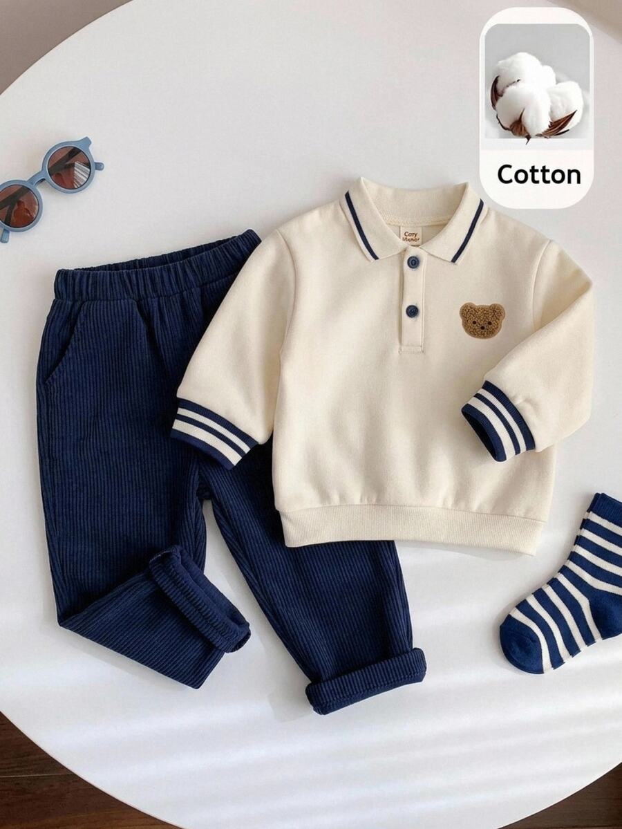 SHEIN 中性嬰兒男孩/女孩、幼兒 2件組秋冬保暖內裡加厚休閒可愛 Polo 領運動衫套裝,嬰兒冬季衣物,聖誕節 - 藏蓝色 - 查看 1