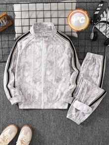SHEIN 兒童青少年男孩拼色織帶圓領長袖秋季夾克與鬆緊腰長褲2件套 - 彩色 - 查看 6