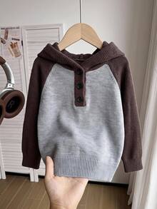 Young Boy Two Tone Raglan Sleeve Half Button Placket Hooded Sweater - Grey - View 8