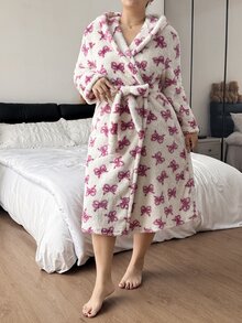 Napfluff CURVE Napfluff CURVE Plus Size Women Cute Plush Bow Print Hooded Robe Autumn Winter - Multicolor - View 6