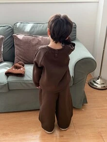 DAZY Infant Boys Round Neck Long Sleeve Solid Color Casual 2pcs Sweatshirt Set - Coffee Brown - View 2