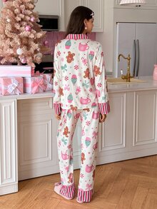 SweetSlumber Young Fashion Leopard Leaf Star Striped Print Lapel Open Front Long Sleeve Pants Pajama Set For Women - Multicolor - View 2