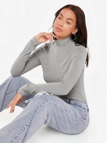 SHEIN BASICS 女款高領長袖羅紋針織修身T恤上衣，黑色 - 淺灰色 - 查看 5