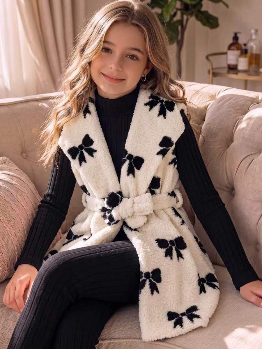 Tween Girls Cute Bowknot Print Belted Fuzzy Plush Vest Ribbed Top Leggings Fall Winter 3pcs Set - Black - View 1
