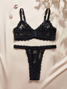 Charlaine Plus Size Lace Sheer Sexy Bra And Panty Set - Black - View 2
