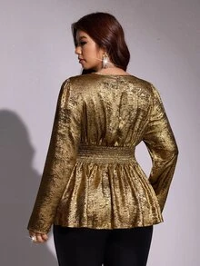 Viva Relle Blus Ukuran Besar Seksi dengan Pinggang Terikat, Lipatan, Leher V, dan Hiasan Foil Emas untuk Musim Gugur - Emas - View 4
