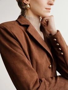 Briarwyn Autumn/Winter Suede Velvet Metal Button Waist-Cinching Commuter Blazer - Coffee Brown - View 3