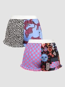 Chillnights Young Contrast Color Leopard Print Letter & Sun Graphic Frill Trim 2pcs Women's Pajama Bottoms - Multicolor - View 2
