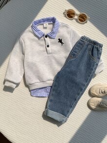 SHEIN 男女嬰兒/幼兒 2件組秋冬加厚抓絨內裡休閒可愛假兩件式運動衫套裝，牛仔色，嬰兒運動服，嬰兒冬季衣物，牛仔褲 - 藏蓝色 - 查看 5
