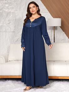 Lacomfia Plus Size Loose Fit Milk Silk Stretch Fabric Dress With Lace Trim Neckline And Cuffs, Polka Dot Print Casual Style, Suitable For Spring And Autumn Daily Wear - Navy Blue - View 5