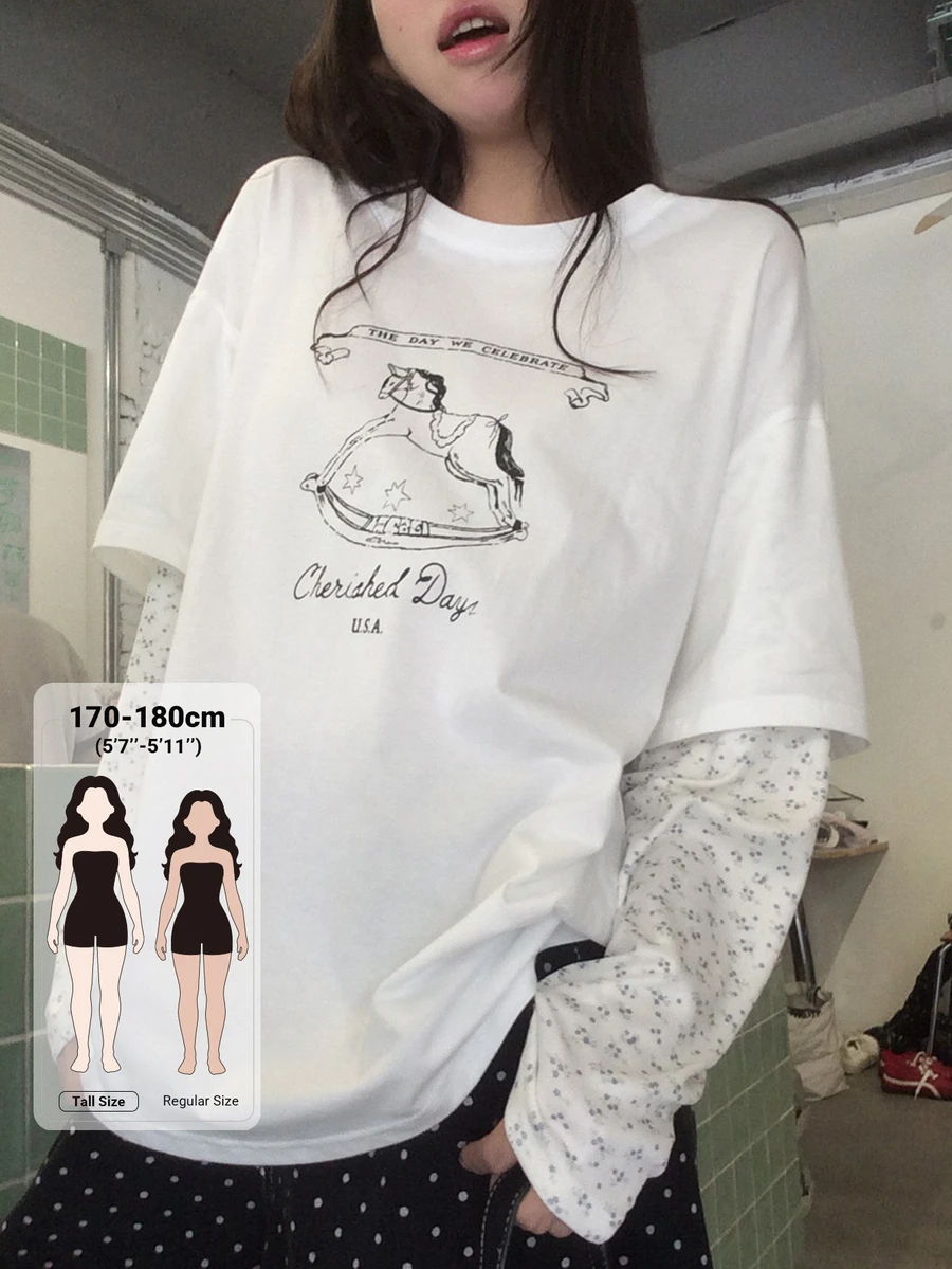 Dazy Tall Rocking Horse & Slogan Graphic Drop Shoulder 2 In 1 Tee - White - View 1