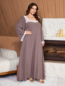 Lacomfia Plus Size Women's Contrast Lace Square Neck Long Sleeve Elegant Dress - Pink - View 6