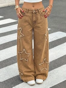 SHEIN MOD Women's Vintage Street Style Applique Embroidery Button Loose Fit Denim Jeans - Khaki - View 5