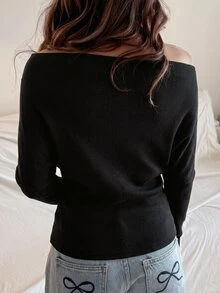 SHEIN 青少年女孩休閒不對稱肩扭結純色針織長袖T恤，日常通勤內搭層 - 黑色 - 查看 2