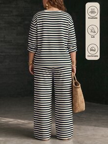 Glimmora Fashion Casual Basic Round Neck Long Sleeve Plus Size 2pcs Set Blue & White Striped Waffle Texture Fabric Pants - Multicolor - View 2