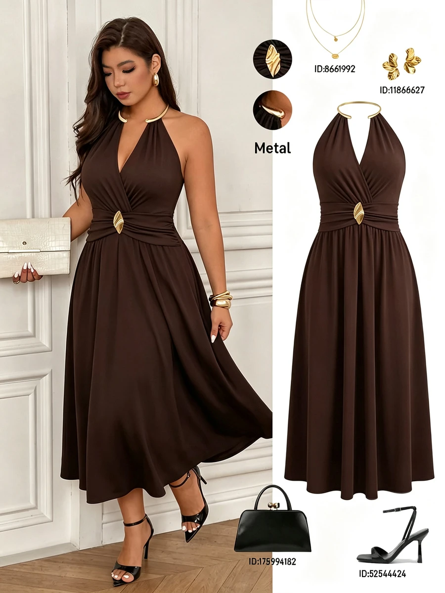 Femmeverse Plus Size Fashion Versatile Metal Decor Pleated Halter Neck Dress - Brown - View 1