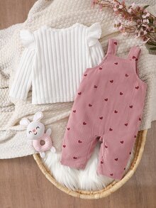 SHEIN Playful Pals 女嬰蓮花粉卡通熊連身褲套裝，全身愛心印花荷葉袖上衣與羅紋吊帶褲 2 件套，適合外出與玩耍 - 粉色 - 查看 2