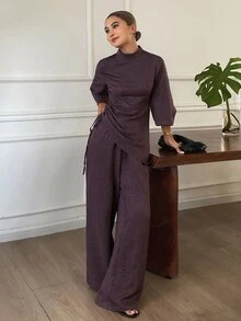 Dazy Tall Solid Color Fitted Waist Drawstring Stand Collar Long Sleeve Pullover Shirt & Wide Leg Pants Elegant Vacation Spring Autumn Women 2pcs Set - Coffee Brown - View 6