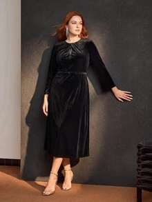 MOTF PREMIUM VELVET KNIT BOW BELT FLARED SLEEVE MID-LENGTH DRESS AUTUMN/WINTER - Black - View 1
