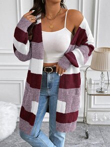 Vionelle Cardigan Kasual Wanita Ukuran Plus dengan Motif Blok Warna untuk Pemakaian Sehari-hari - MultiWarna - View 5