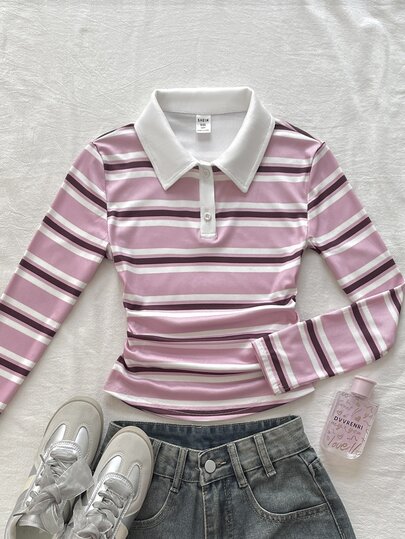 Teen Girl Teen Girls Autumn Winter Spring Casual College Retro Pink Brown Striped White Collar Knit Contrast Color Patchwork Slim Fit Cinched Waist Long Sleeve T-Shirt Top, Back To School Outfit