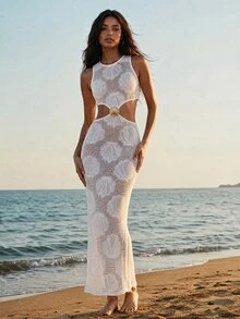 CAJUNI Women's Shell Pattern Hollow Out Casual Vacation Cover-Up Long Dress Summer Resort - White - View 8
