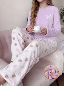 Genkimix Kids 女童大童睡衣套裝 秋冬日常休閒優雅居家服 長袖長褲 蝴蝶結刺繡圖案與滿版小愛心印花 刷毛套裝 - 淡紫色 - 查看 8