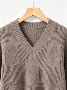 Rustia Plus Size Ribbed V-Neck Minimalist Long Sleeve Pullover Sweater - Camel - View 6