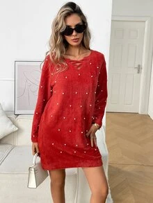Balvessa Women's Faux Pearl Decor Asymmetrical Shoulder Casual Daily Summer Dress - Red - View 8