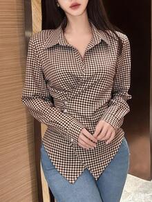 SHEIN Franclia بلوزة نسائية بلون سادة بأكمام طويلة بتصميم لف، قميص نسائي للربيع والخريف - بني - مشاهدة 3