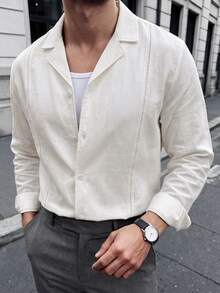 Manfinity CasualCool 男士簡約鈕扣式長袖襯衫，適合辦公與通勤 - 白色 - 查看 4