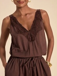 Travachic Women's Lace Patchwork Casual Daily Wear Romper - Coffee Brown - View 1