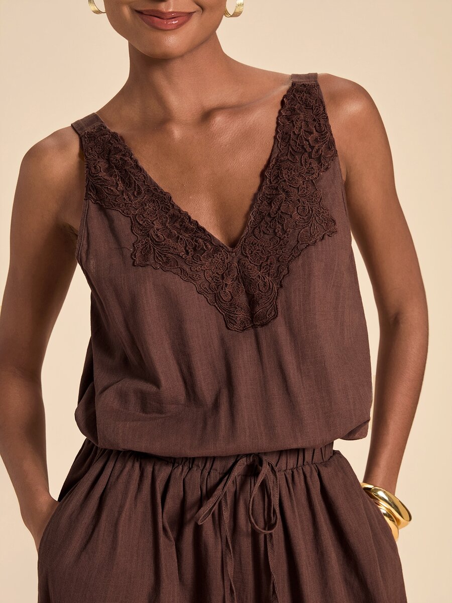 Travachic Women's Lace Patchwork Casual Daily Wear Romper - Coffee Brown - View 1