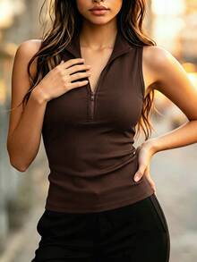SHEIN Slim Fit Casual Vest With Half-Zip Stand Collar Design, Solid Color, Versatile For Multiple Styling Occasions - Coffee Brown - View 5