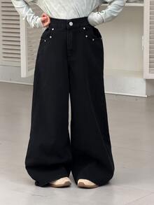 DAZY Tween Girl Pocket Wide Leg Loose Casual Denim Jeans - Black - View 4