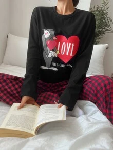 TOM AND JERRY X DAZY Women's Cartoon Pattern Long Sleeve Top And Pants Casual Daily Home Pajama Set - Black - View 3