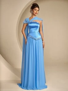 Coutiva Gaun Malam Formal Elegan Wanita dengan Hiasan Payet dan Ikat Pinggang - Biru - View 8