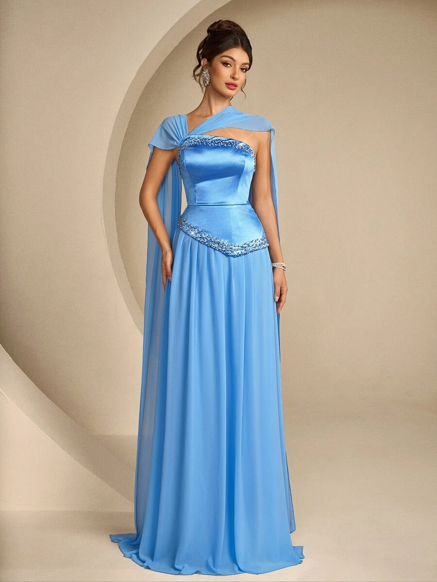 Coutiva Women's Sequin Waist-Cinched Elegant Formal Wedding Prom Evening Gown Dress Fall - Blue - View 1