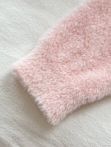 SHEIN 女童淺粉色仿毛絨質感圓領落肩長袖套頭毛衣套裝，搭配百褶裙，秋季嬰幼兒 - 淺粉色 - 查看 4