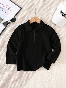 SHEIN 兒童小男孩休閒寬鬆百搭舒適素色針織長袖 Polo 衫 - 黑色 - 查看 3