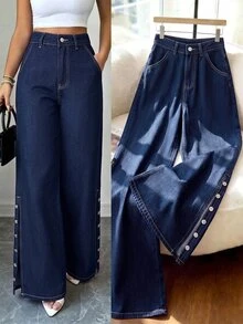 Elenzga Women's Outdoor All Season Side Slit Button Decor Blue Denim Jeans - Dark Wash - View 1