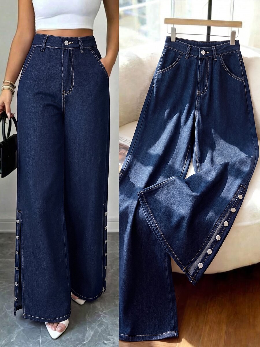 Elenzga Women's Outdoor All Season Side Slit Button Decor Blue Denim Jeans - Dark Wash - View 1