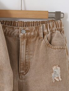 SHEIN Setelan Dua Potong Keren untuk Anak Laki-Laki: Jaket Sobek dan Celana Jeans Slim Fit Nyaman dengan Desain Lusuh dan Modis untuk Anak Laki-Laki - Khaki - View 5