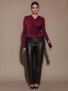 SHEIN BAE CURVE Plus Size Women Burgundy Long Sleeve Ruched Overlap Bodysuit Winter - Burgundy - View 3