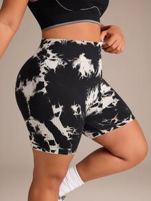 SHEIN Rhythm Era Women's Plus Size Tie-Dye Colorblock High Neck Sports Shorts - Black - View 1
