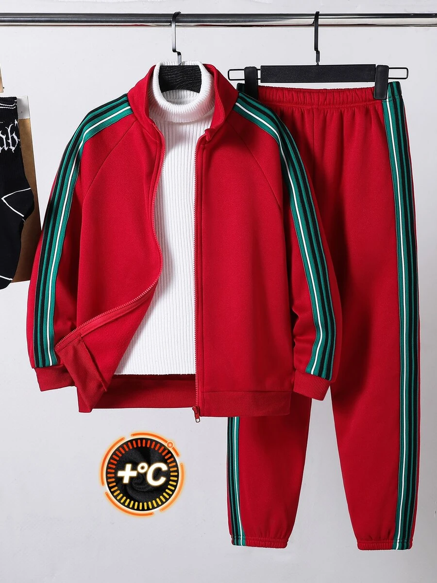 Kids 2pcs Tween Boys Casual Color-Blocked Zip-Up Stand-Up Collar Sweatshirt And Sweatpants For Christmas Suitable For The Fall Back-To-School Season - Red - View 1
