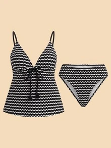Travachic Women's Summer Beach Striped Sexy Tankini & Triangle Tankini Bottom Two-Piece Swimsuit Set - Black and White - View 6
