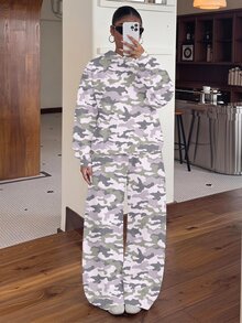 青少年女孩迷彩圖案連帽衛衣與寬鬆直筒運動長褲抓絨內裡兩件套 - 彩色 - 查看 2
